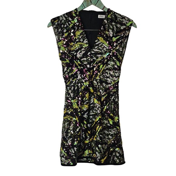 ZARA Multi-color Sequin Mini Dress Deep V-Neck Limited Edition, NWOT, Sz. XS - Picture 3 of 12